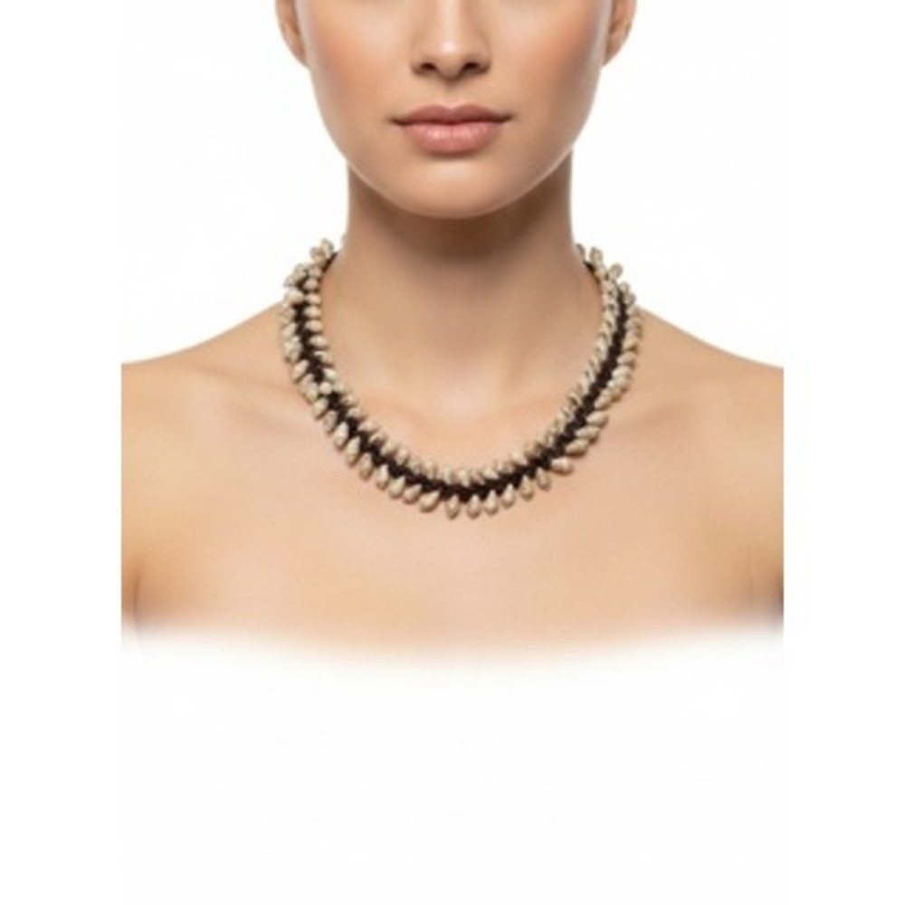 Boho Natural Seashell and Seed Woven Lei Necklace Brown Cream 32 Inch